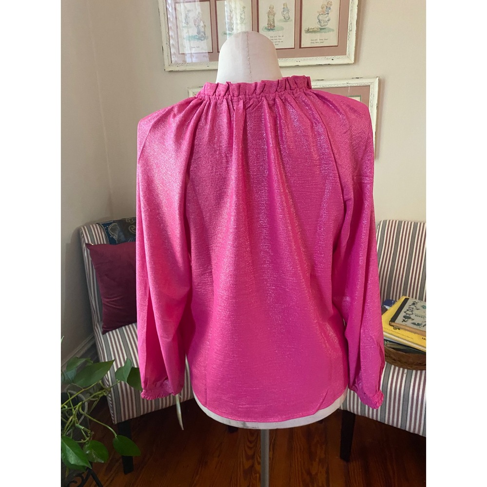 Hope & Harlow Magenta Silver Metallic Ruffle Tie Neck Blouse Large NWT - Picture 7 of 8